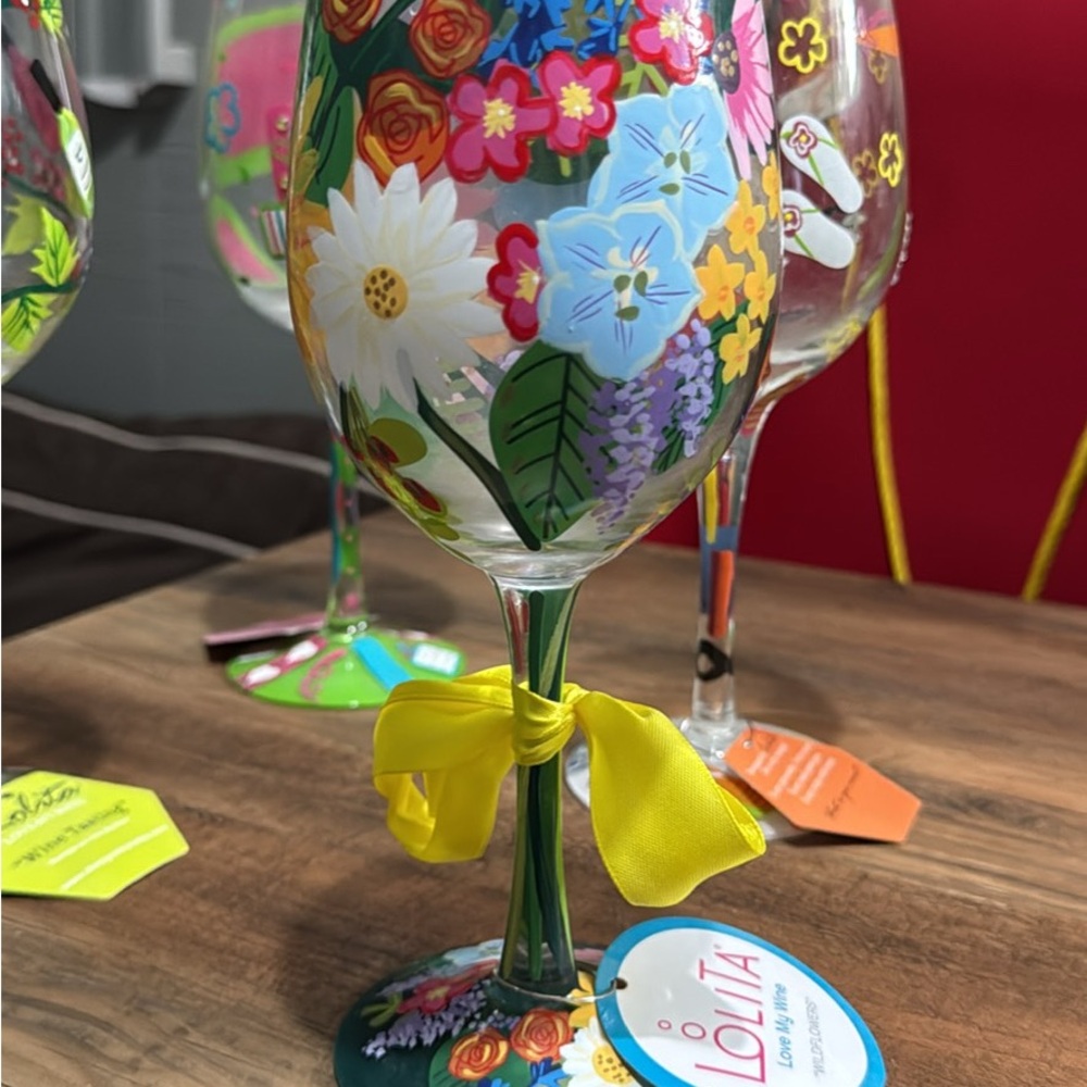 Lolita Colorful Floral Wine Glass with Yellow Bow